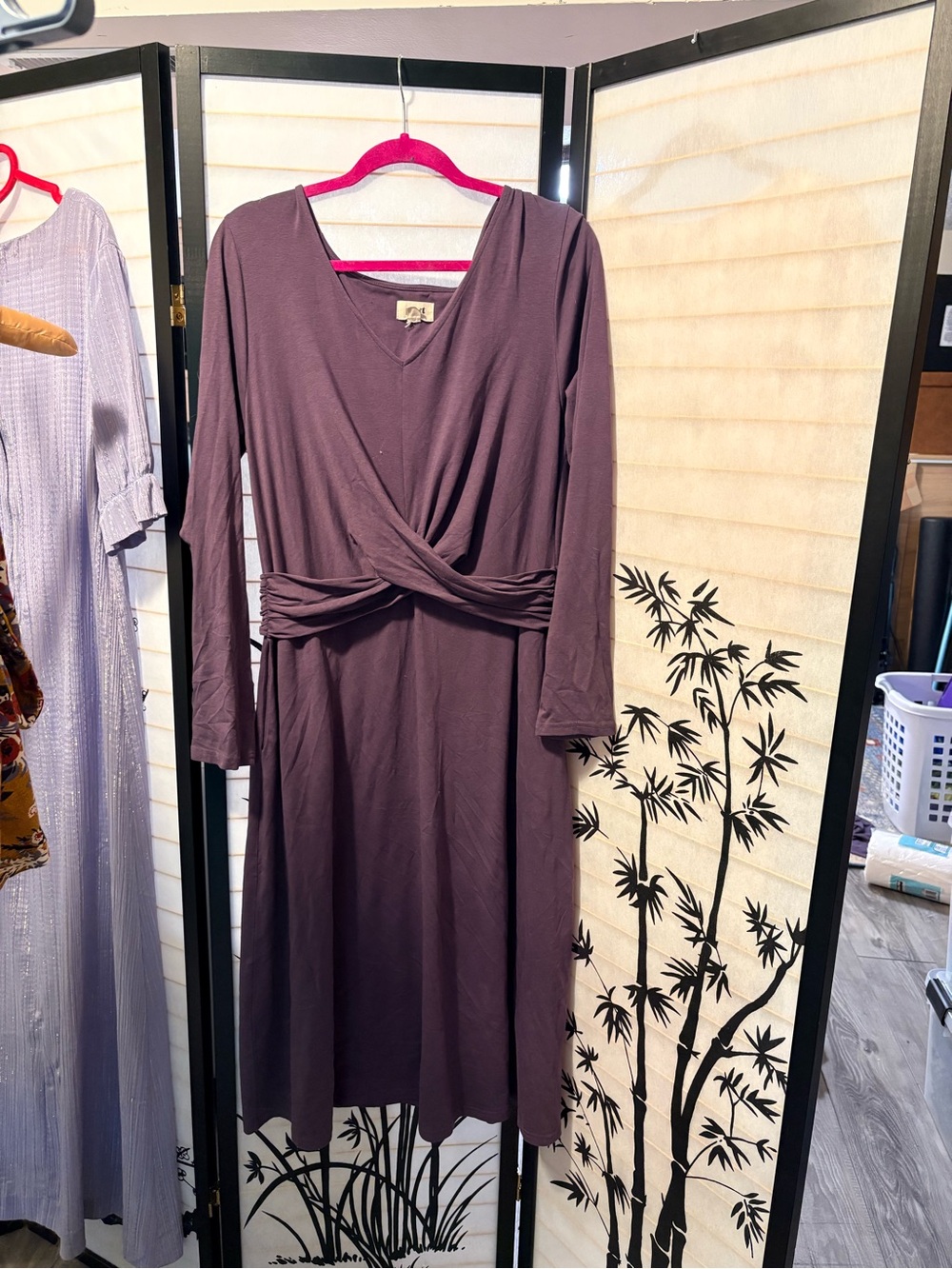 PACT cotton Long Sleeve Twist-Waist Women'sy Dress - light purple v neck EUC